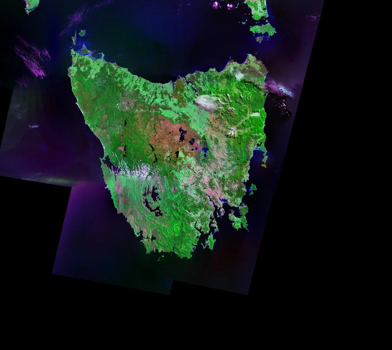 Satellite image of Tasmania, separated from mainland Australia by Bass Strait.